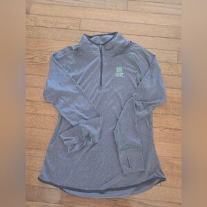 Gray, quarter zip, womens Notre Dame long sleeve pullover.